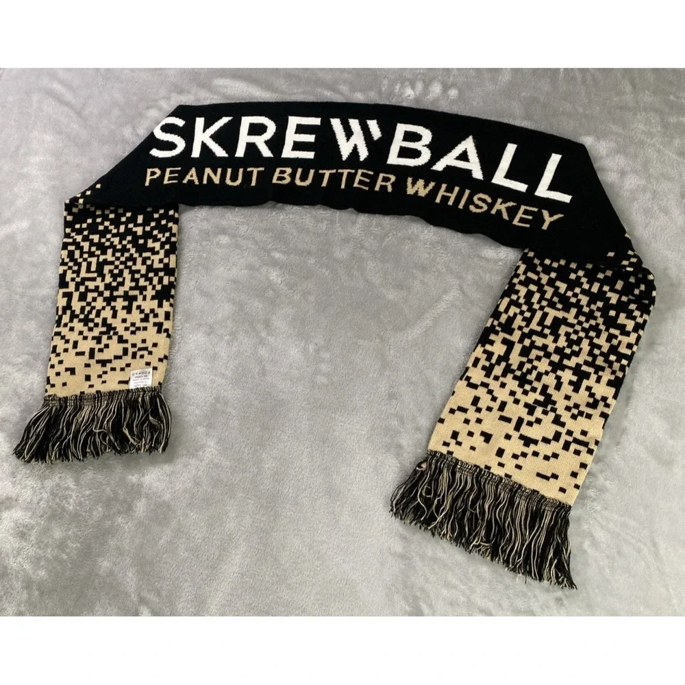 Skrewball Peanut Butter Whiskey Scarf Knit Fringe Mens Black Tan 60in Casual